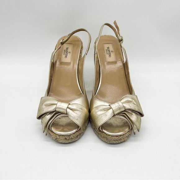 Valentino Garavani “Mena” Peep Toe Espadrille Wedge in Metallic Gold, Size 40 - Picture 2 of 10